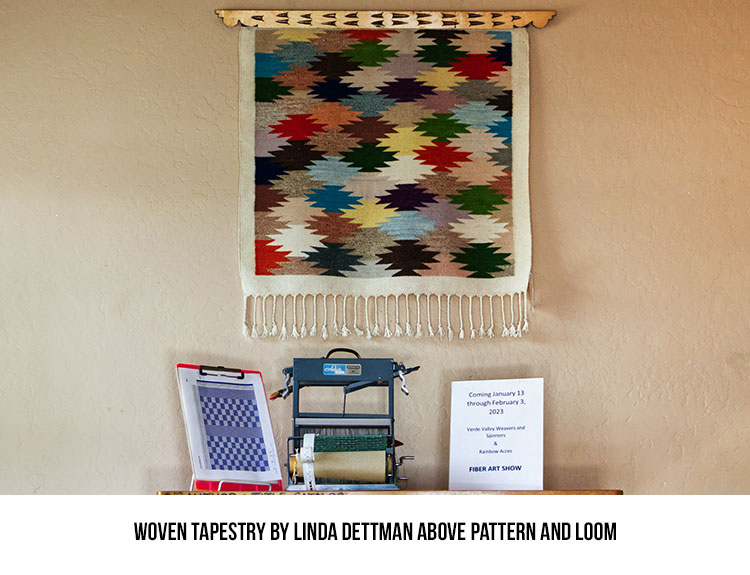 Woven tapestry by Linda Dettman above Pattern and Loom